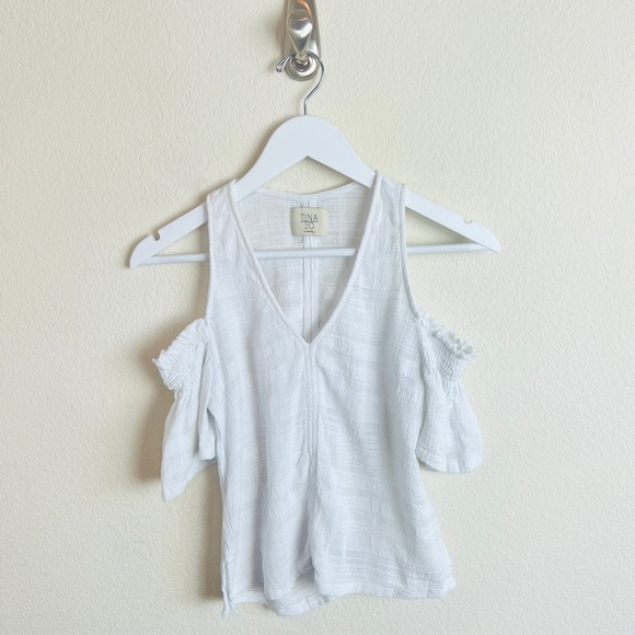 Tina Jo White Linen Bardot Cold Shoulder Ruched Short Sleeve Blouse - Picture 1 of 5